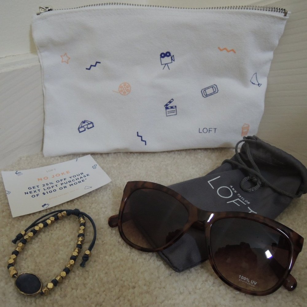 ANN TAYLOR LOFT Sunglasses + Bracelet in Makeup Bag $75 Value "LOFT Promo" NEW